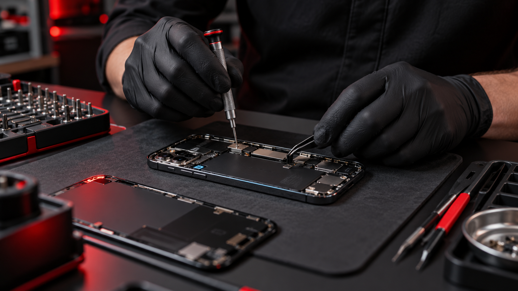 Technician carefully repairing a smartphone